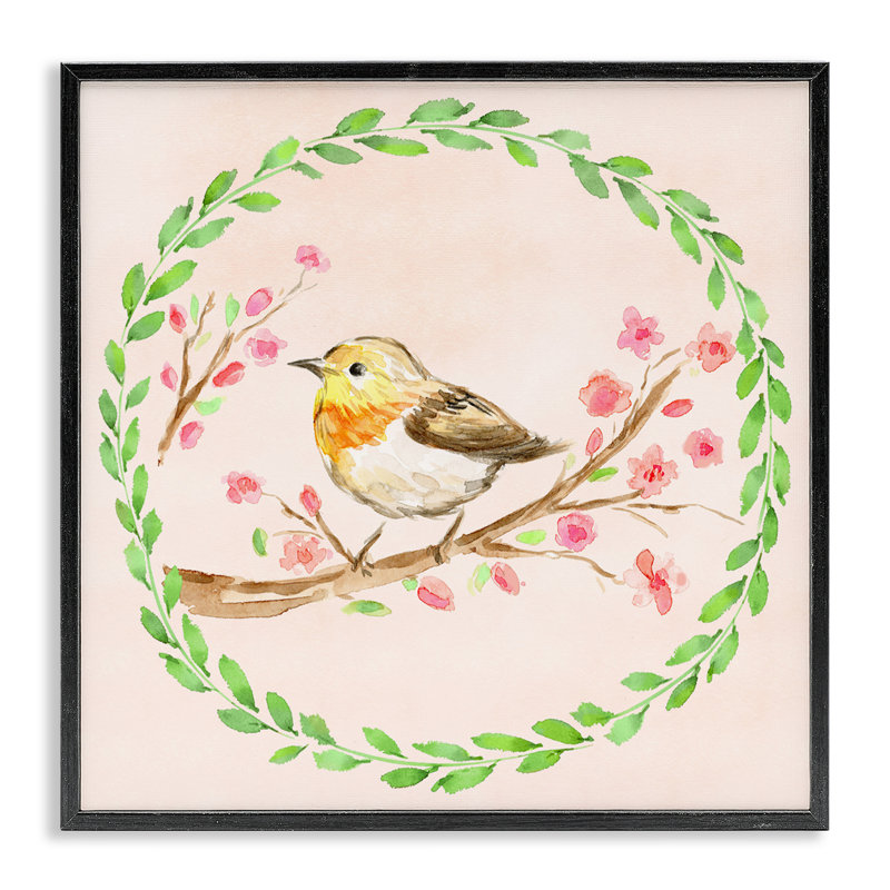 Couronne de printemps, giclée d'oiseaux encadrée, design par Elena Fay, Giclée encadrée noir minuit, H 12 po x l 12 po