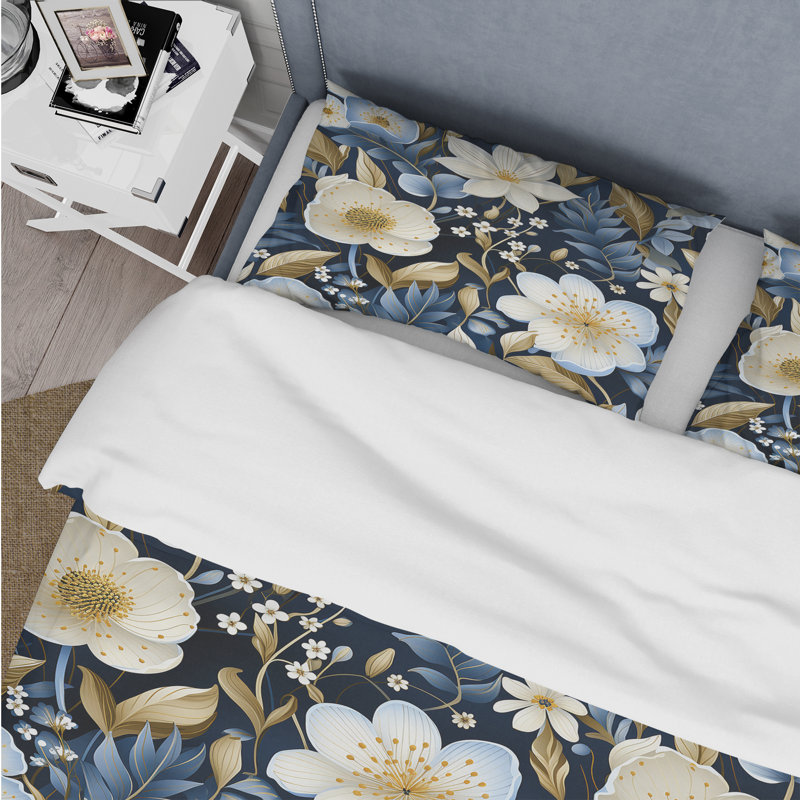 Ensemble de housse de couette blanc et bleu à motif de faune renoncule III, Housse de couette pour grand lit et 2 taies décor