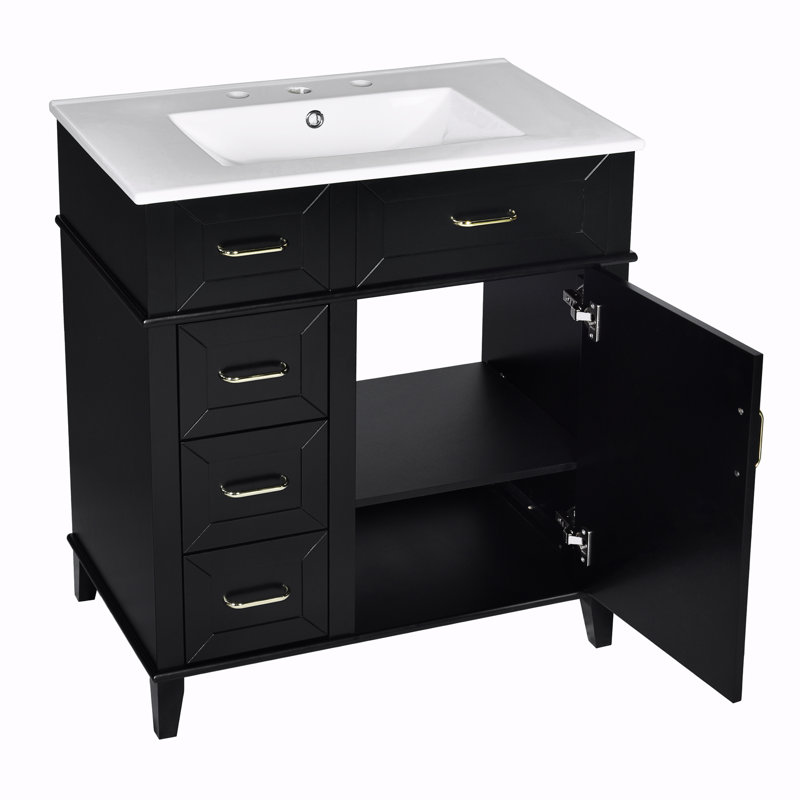 Meuble-lavabo de rangement avec lavabo en céramique, Noir, noir, noir, noir