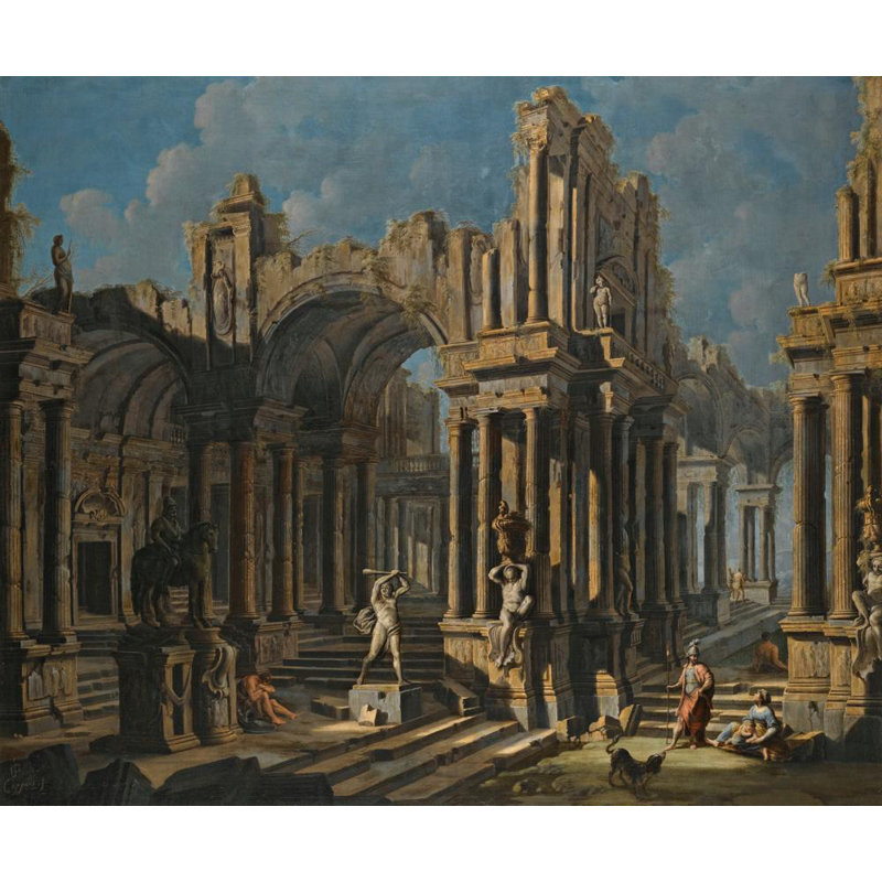 "Un Capriccio architectural avec une statue d'Hercule et des personnages en costume classique" par Pietro Capelli - Art mural sur toile tendue avec châssis