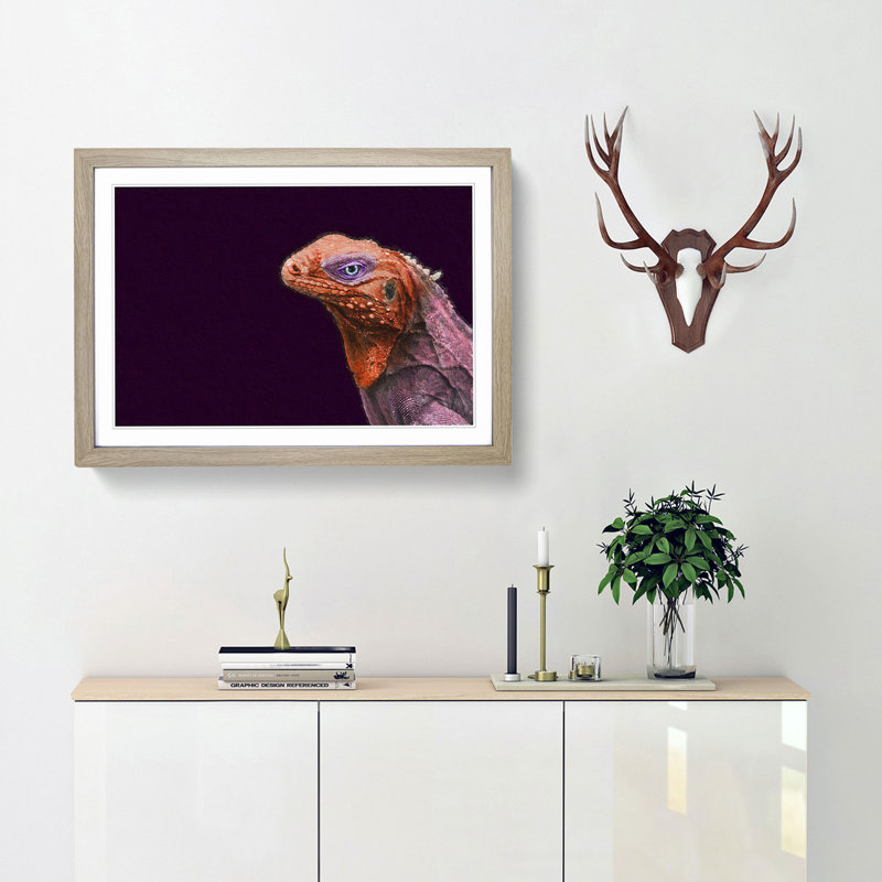 Red & Purple Iguana Lizard - Picture Frame Photograph Print, 48cm H x 65cm W x 2cm D, Oak Framed