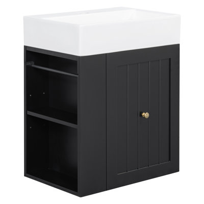Meuble-lavabo de 20 po avec lavabo en céramique, armoire de rangement en MDF avec tiroir, tablette latérale et poignée dorée
