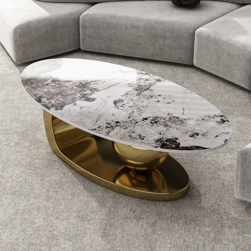 Table basse 49,2 pouces ovale en faux marbre avec base en acier inoxydable