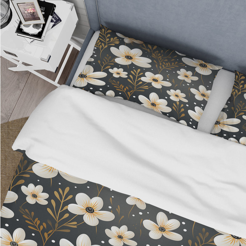 Ensemble de housse de couette floral noir et beige Garden Flower Serenade II, Housse de couette pour très grand lit et 2 très