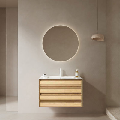 Meuble-lavabo de salle de bain avec lavabo, armoire de rangement murale en contreplaqué flottant avec tiroirs, lavabo en céramique blanche sans robinet