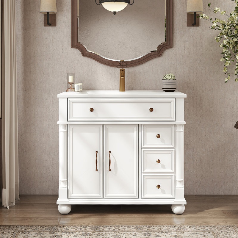 Meuble-lavabo avec lavabo, meuble-lavabo autoportant avec 1 tiroir rabattable et 2 tiroirs de rangement, Blanc