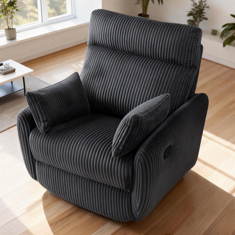 37.5 Inch Modern Swivel Glider Recliner With Footrest And Adjustable Backrest,Soft Plush Corduroy Fabric, Gray