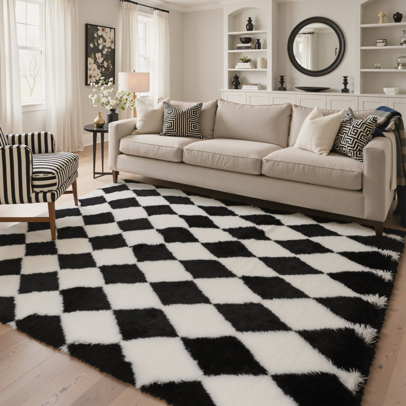 Modern Black/White Machine-Washable Checkered Shag Area Rug, Rectangle 6' x 9', Black