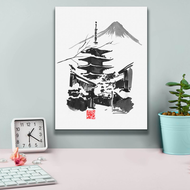 «Fuji San And Temple» par Pechane, art mural sur toile, H 16 po x l 12 po