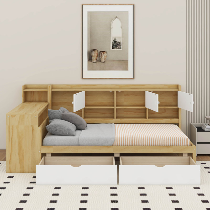 Lit de jour simple avec armoires et tiroirs de rangement, Naturel / Blanc
