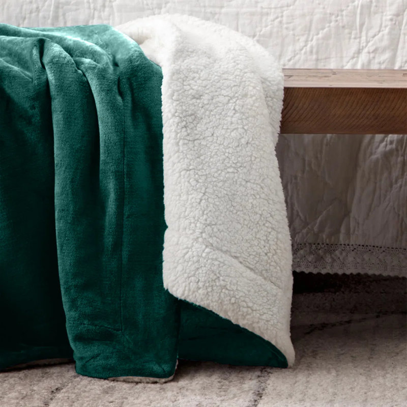 Reversible Soft Sherpa Fleece Fur Thick Dual Sided Blanket Throw, 200cm x 240cm, Emerald