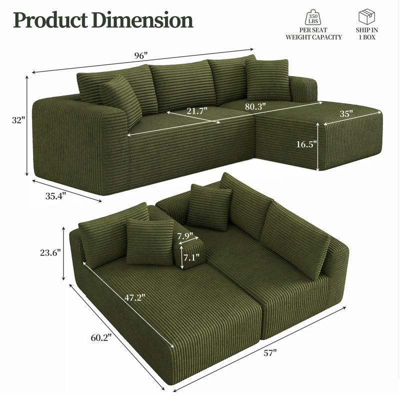 Canapé en L 96 po moderne, canapé modulaire rembourré avec coussin, canapé-lit à combinaison libre pour le salon, canapé à compression dans une boîte et sans assemblage requis