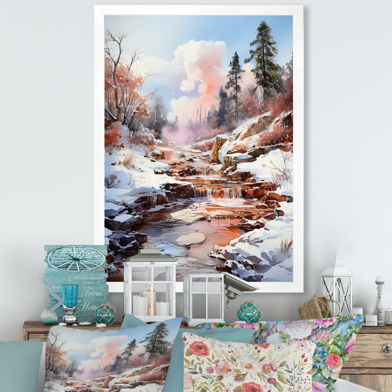 Geyser Winter Scenery sur toile, H 20 po x l 12 po x P 1 po, Cadre simple blanc