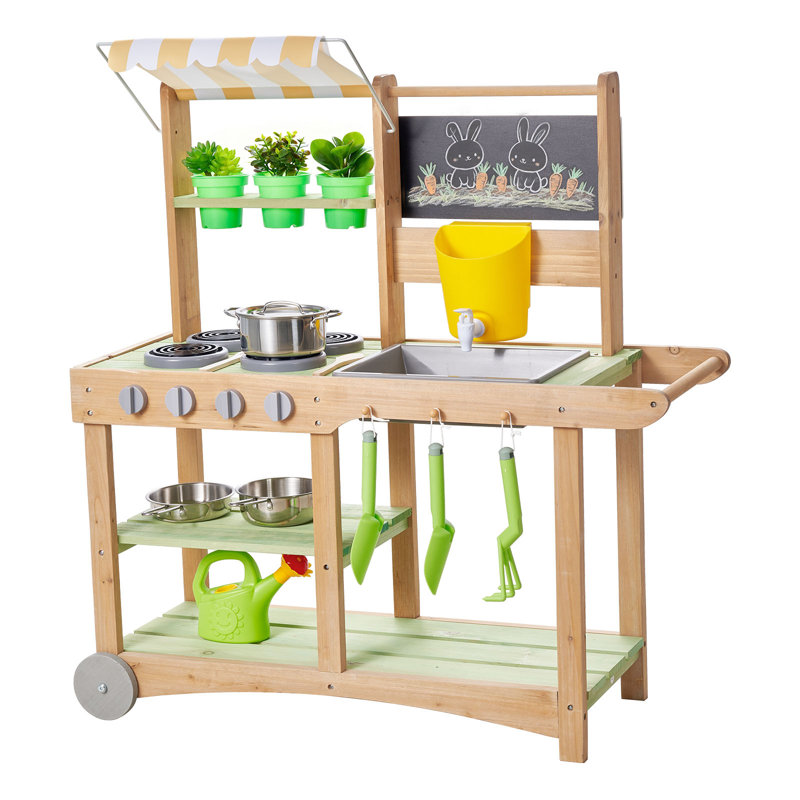 Mud Kitchen, Outdoor Mud Kitchen for Kids, Wood Outdoor Play Kitchens with Spoons, Sink, Sunshade Canopy, Swivel Wheels, Cookware Pots and Accessories, Wooden Play Kitchens for Home, Lawn