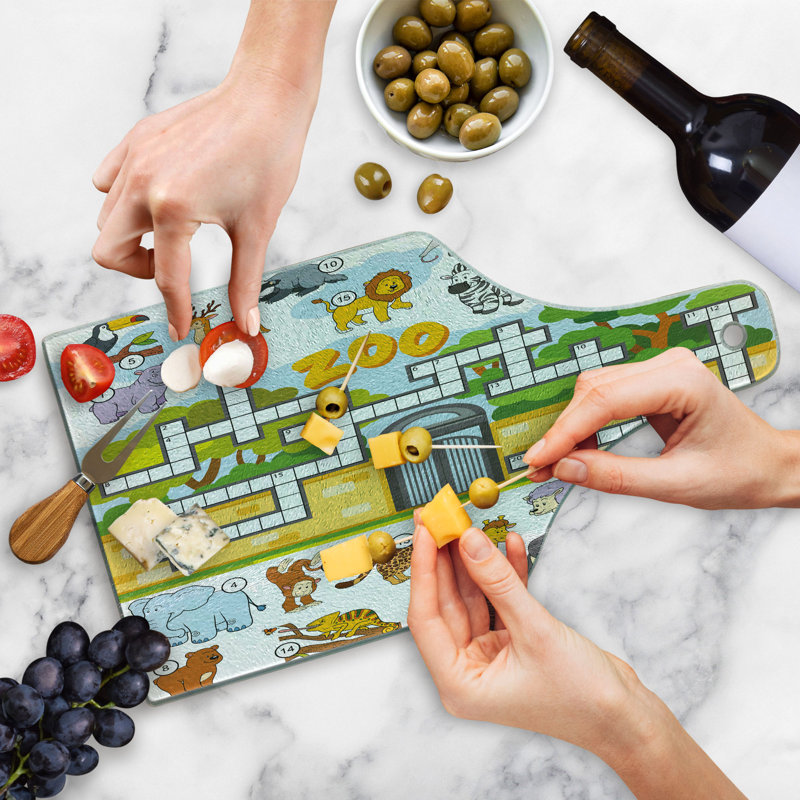 Ambesonne Word Search Game Tempered Glass Cutting Board Zoo Theme Multicolor