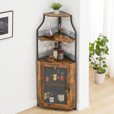 Corner Wine Cabinet, 5-Tier Industrial Bar Cabinet with Barn Door, Glass Holder, Detachable Rack, Rustic Brown