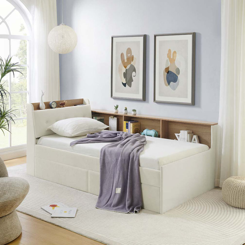 Structure de lit de jour rembourrée en velours avec chargement sans fil, tiroirs de rangement et lumières DEL, Beige