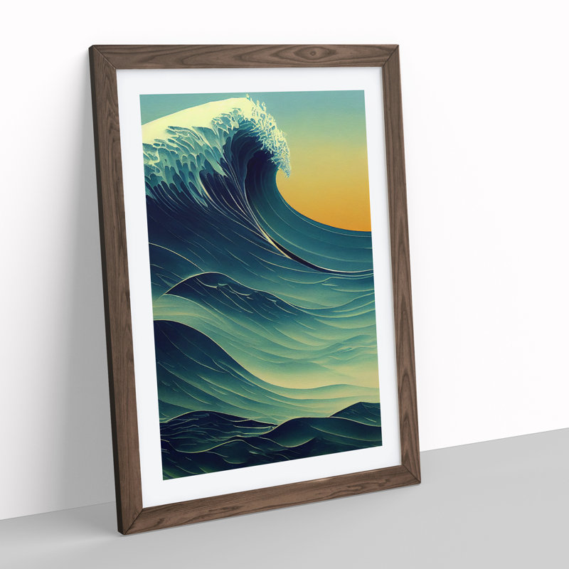 Sunset Ocean Wave No.2 - Wall Art, 36cm H x 27cm W, Walnut Framed Paper, White
