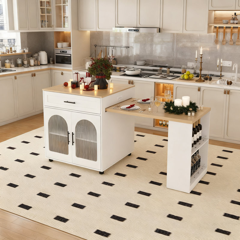 Îlot de cuisine extensible de 80 pouces avec prises de courant intégrées pour la table à manger, avec armoires et chariot de rangement mobile à 2 tiroirs