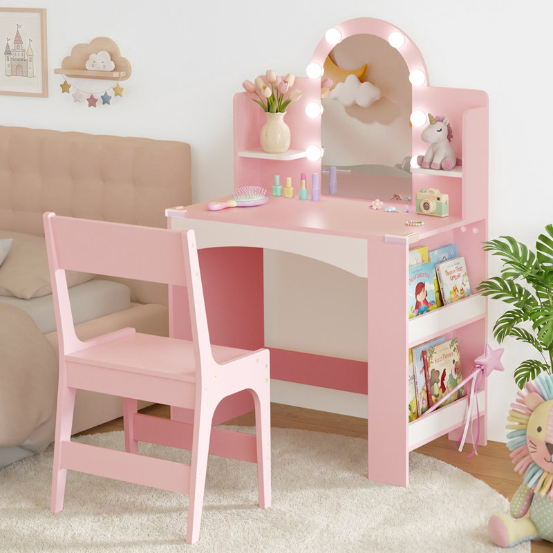Ensemble de coiffeuse pour enfants avec lumières, ensemble de coiffeuse et de coiffeuse pour filles Princess, bureau de coiffeuse pour tout-petit avec bibliothèque ouverte, armoire de rangement et tablettes, tabourets