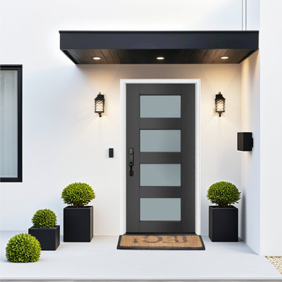 Contemporary 4-Lite Fiberglass Entry Door with Frosted Glass, Black Finish and 4-9/16 in. White Vinyl Frame，36 in. x 80 in.