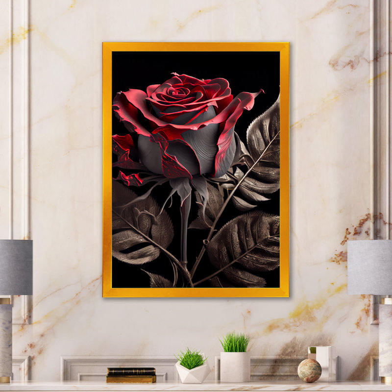 «Blossoming Rose in Red and Grey III», art mural sur toile à motif floral, Impression dorée sur toile encadrée