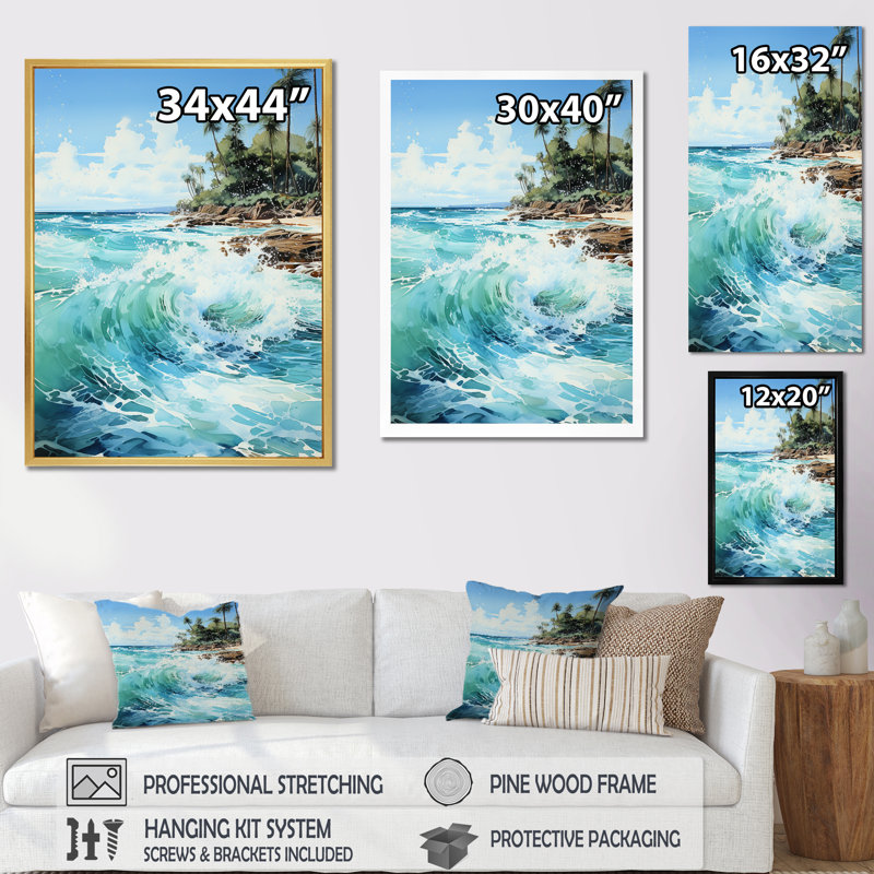 " Azure Seascape Palms Horizon ", White Framed, 32" H x 24" W x 1" D