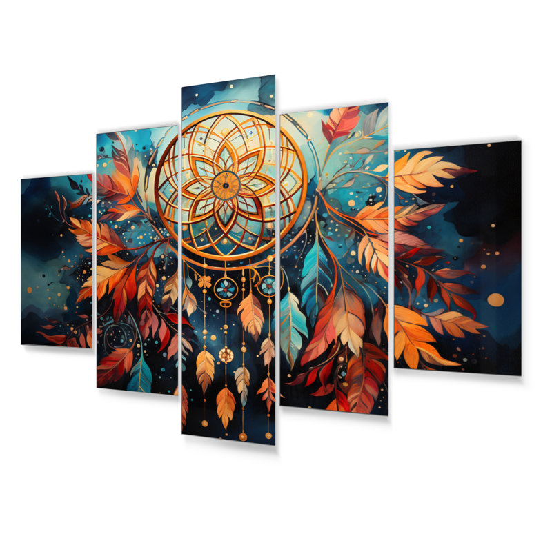 «Gold Dream Catcher Expressive Dreams II» - ensemble d'art mural spirituel en métal