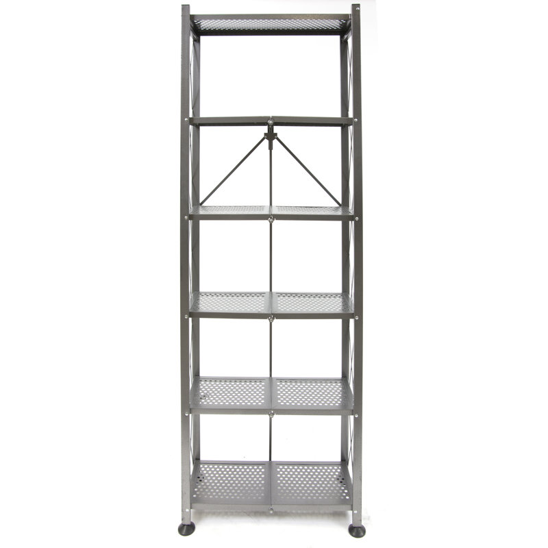 Origami Foldable 6-Shelf Classic Stamped Steel Bookcase, Pewter
