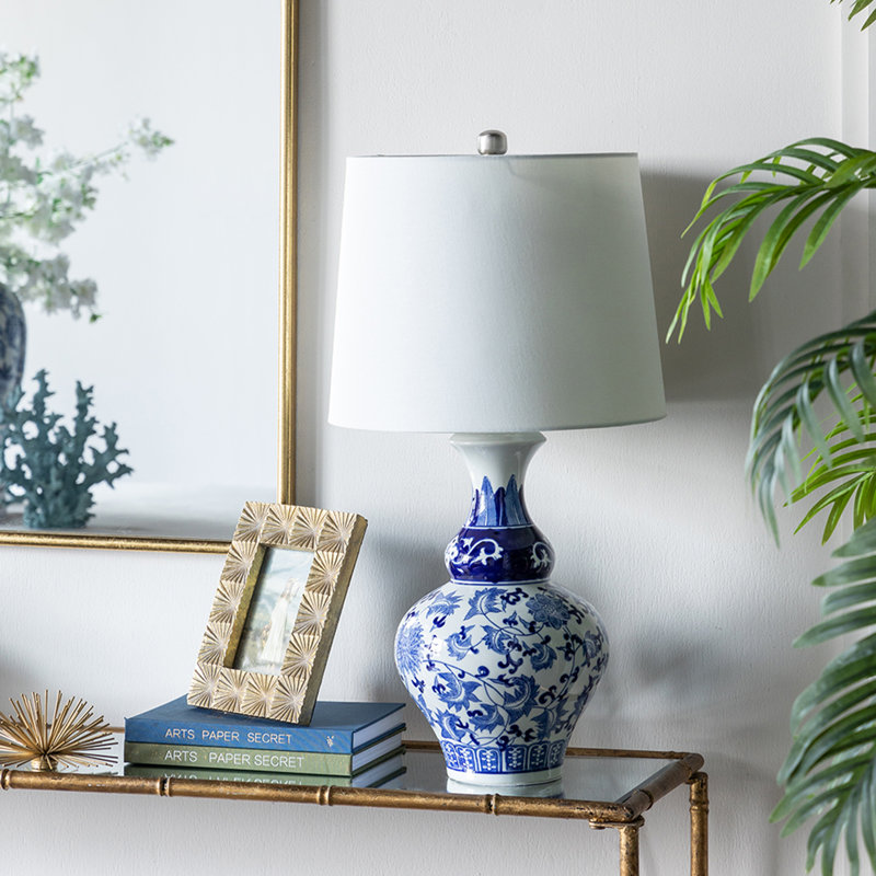 Lampe vase en céramique bleue et blanche