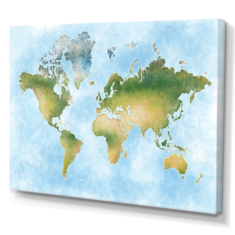 Carte du monde en vert et bleu - Cadre photo, impression sur toile, H 8 po x l 12 po x P 1,5 po, Toile tendue