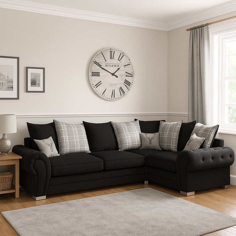 4 Seater Fabric Sofa & Chaise, Right Hand Facing, Black