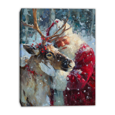 Santa and Reindeer Embrace Wrapped Canvas Wall Art