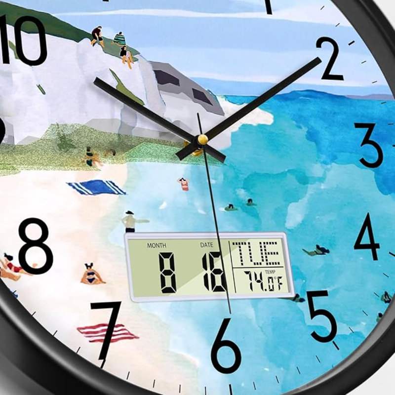 Horloge murale silencieuse avec température jour et date Montagne et mer Plage Horloge de cuisine sans tic-tac