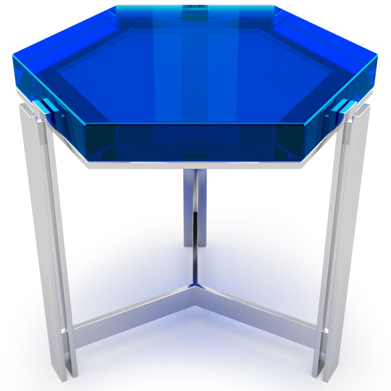 Table basse à 3 pieds, H 17,7 po x L 19,7 po x l 19,7 po, Plateau bleu foncé / base chromée