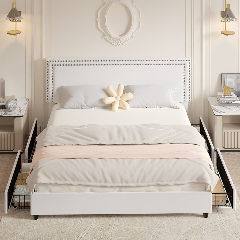 White Velvet Upholstered King Platform Bed with Storage Drawers
