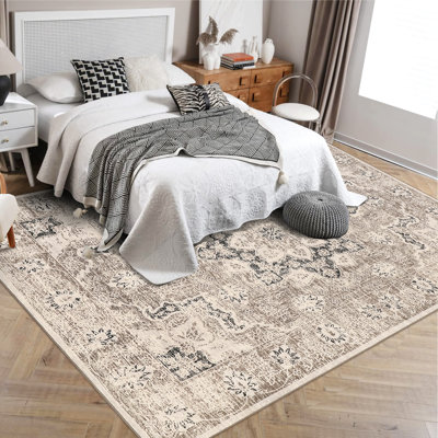 Tapis lavable à la machine à motif de médaillon oriental vieilli, rétro, résistant aux marques et antidérapant