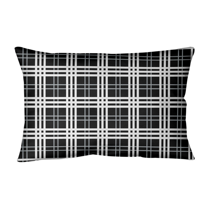 Plaid Outdoor Reversible Throw Pillow, Black/Silver/White