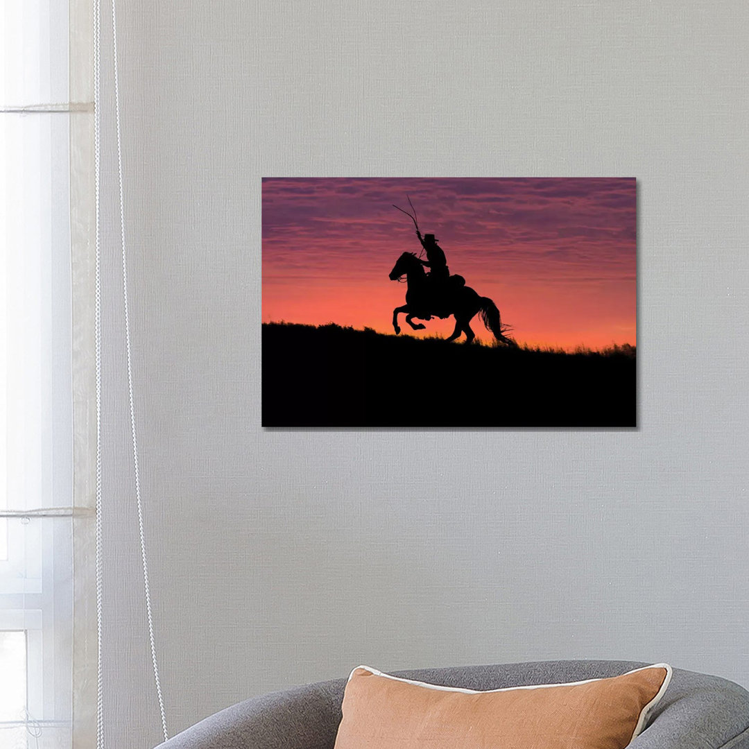 USA, Wyoming, Shell, The Hideout Ranch, Silhouette Of Cowboy And Horse At Sunset by Hollice Looney - Gallery-Wrapped Can...