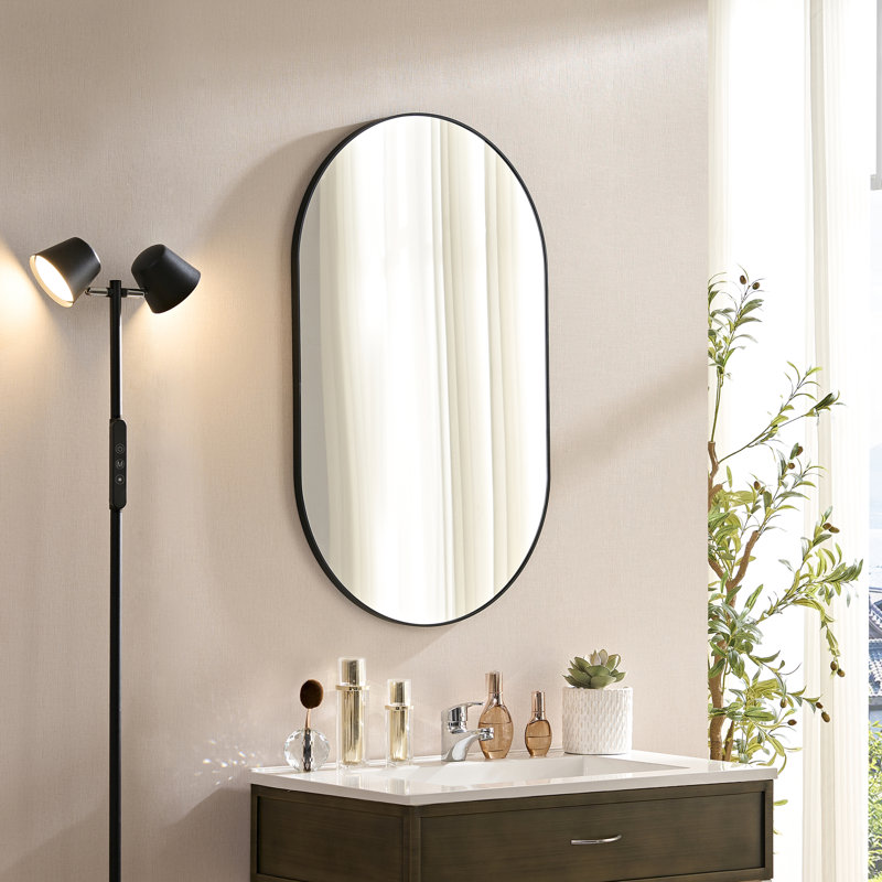 Miroir mural ovale noir 36 * 22 pouces, aspect industriel moderne, cadre rouille, reproduction aluminium 1: 1