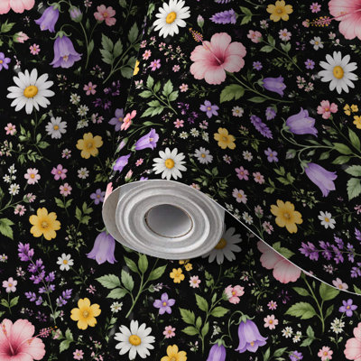 Papier peint auto-adhésif à motif floral botanique foncé rose, mauve, jaune, auto-adhésif et amovible 17,7 po x 118 po (45 x 300 cm)