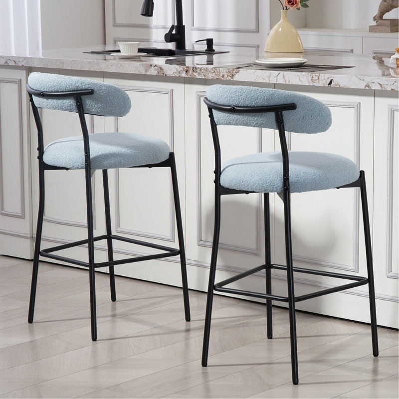 Tabouret de bar 26 po à hauteur de comptoir avec housse en tissu pour îlot de cuisine avec base thermolaquée noire et repose-pieds (Bleu)