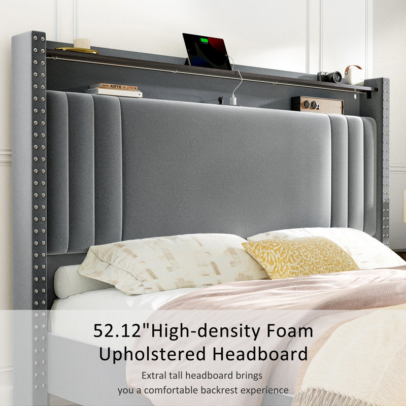 Hudepohl Upholstered Wingback Bed with 52.12" High Storage Headboard, Modern Upholstered Bed Frame with Outlet & LED Light