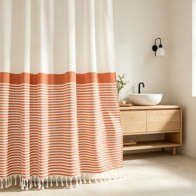 Farmhouse Boho Striped Tassel Shower Curtain, Textured Fabric Shower Curtain for Bathroom, Water Repellent Linen Blend Cloth Shower Curtain Set with Hooks, Wrinkle Free