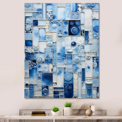 Carreaux botaniques bleus et blancs I - art mural abstrait