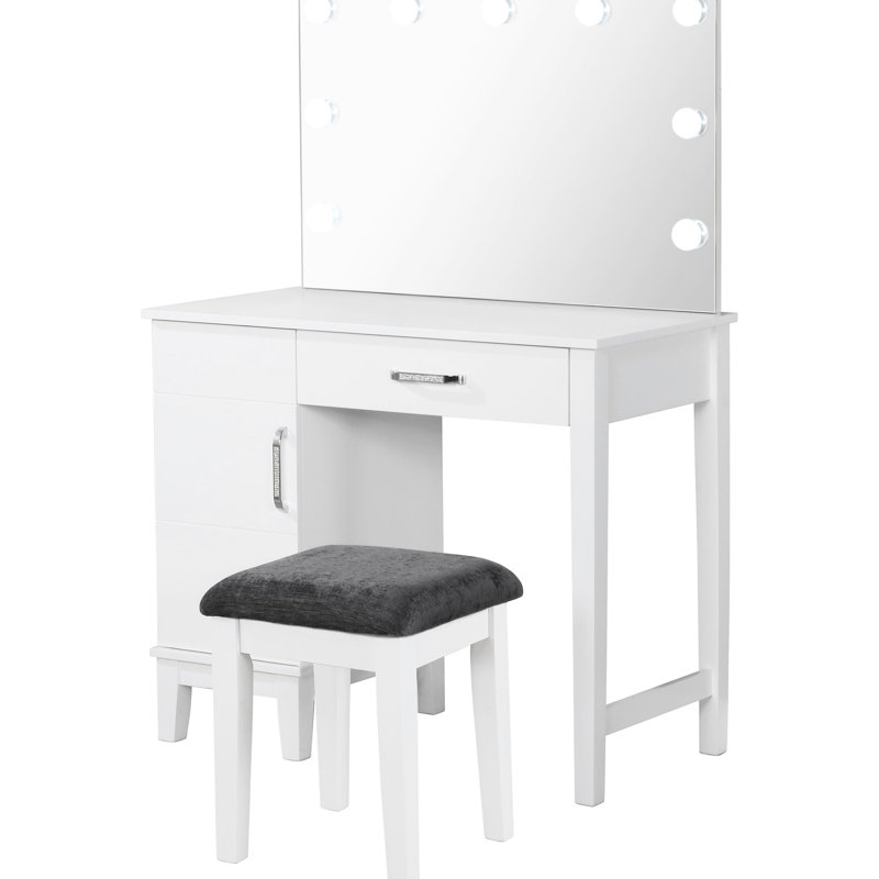 Vanity In White And Dark Grey With Lighting, Stool, Drawer Concealed Side Cabinet, 36 Inches Wide, 19 Deep, 53.19 Tall