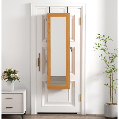 Solid Wood Jewelry Armoire Organizer Cabinet With Full-Length Mirror, 47.5X14.3 In Wall-Mounted Lockable With LED Light