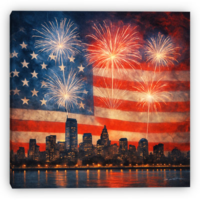 Fireworks Over Skyline American Flag Canvas Wall Art