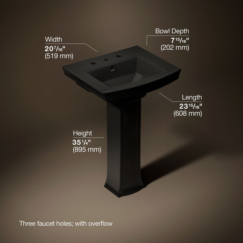 Archer 24" Rectangular Pedestal Bathroom Sink with Widespread Faucet Holes, 8" Centers, Black