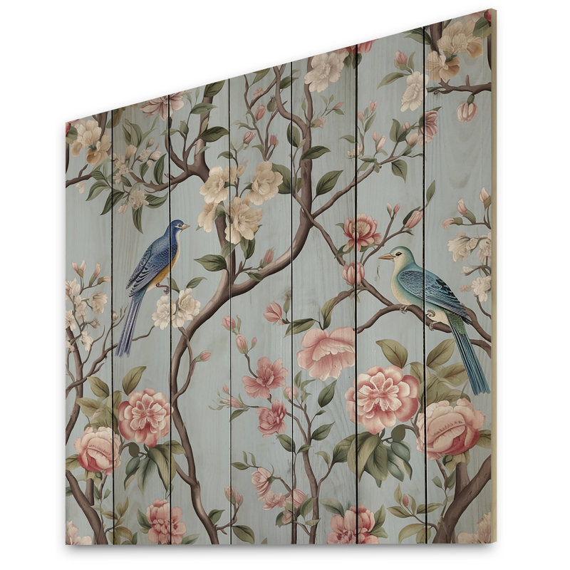 Minimalisme, oiseau sur fleurs IV sur bois, H 35 po x l 35 po x P 0,78 po